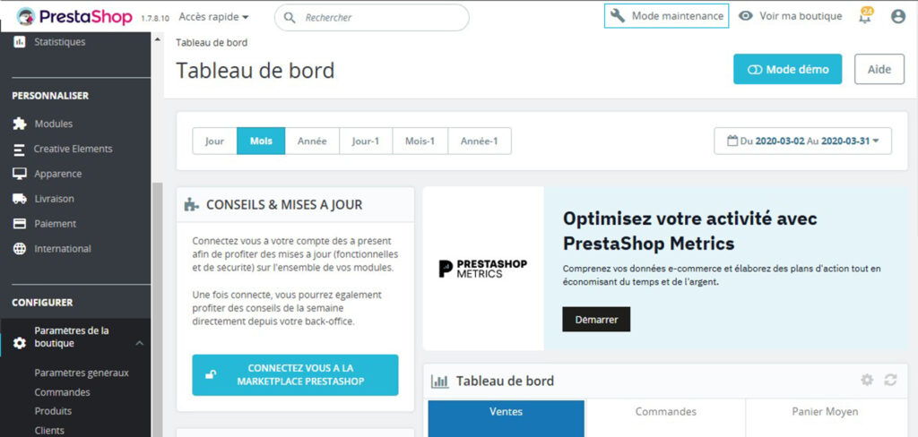 Prestashop - administration - Tableau de bord